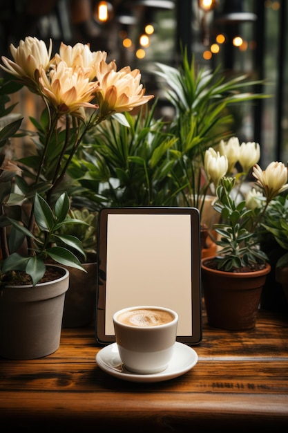 Мокет iPad на деревянном столе в уютной комнате и кафетерии с цветами и кружкой кофе