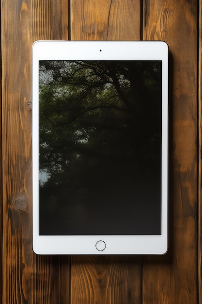 iPad mockup on wooden table on wooden background