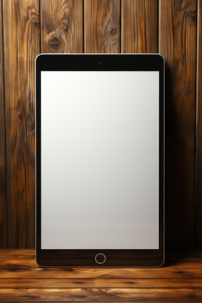 iPad mockup on wooden table on wooden background