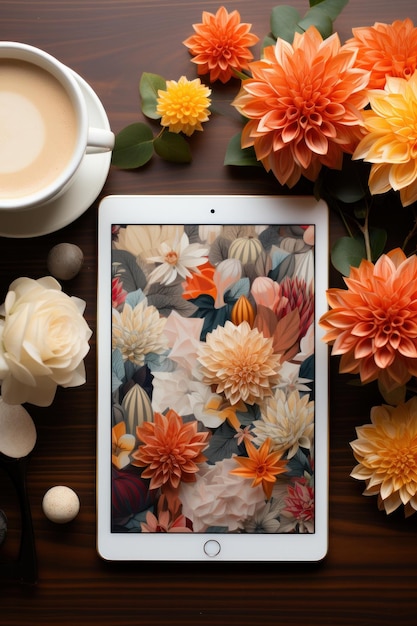 iPad-model op een houten tafel met bloemen en een koffiemokje