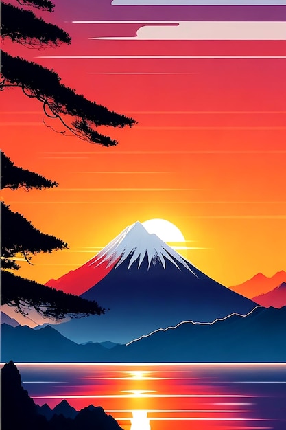 An iPhone background with a fullcolor Japanese print style image of a sunAigenerated