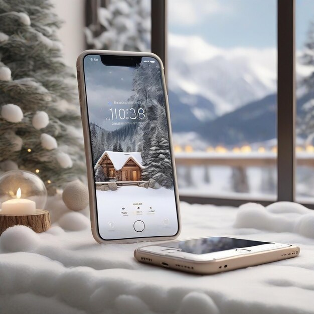 Photo iphone mockup with snowy winter evening ai generated
