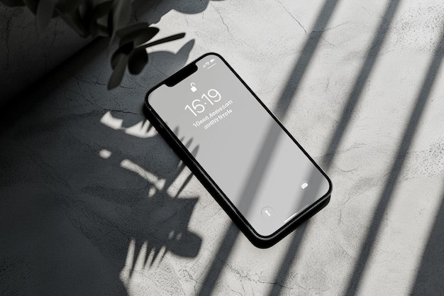 an iphone sitting on top of a table next to a plant