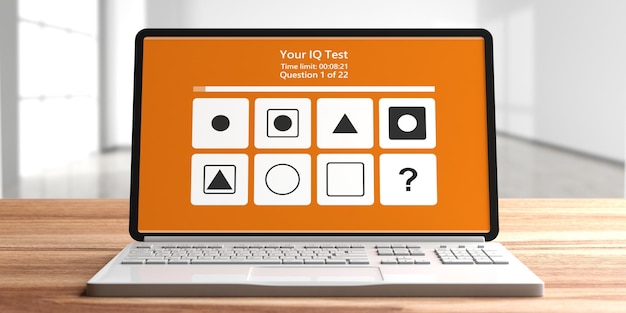 Photo iq test form on computer laptop screen blur empty room background 3d illustration