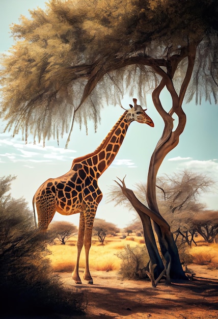 iraffe towering above the savannah neck reaching for the leaves of an acacia tree generative ai