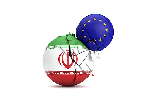 Iran and European Union political balls smash together 3D Render