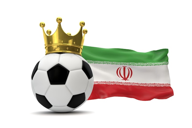 Iran flag and soccer ball with gold crown 3D Rendering