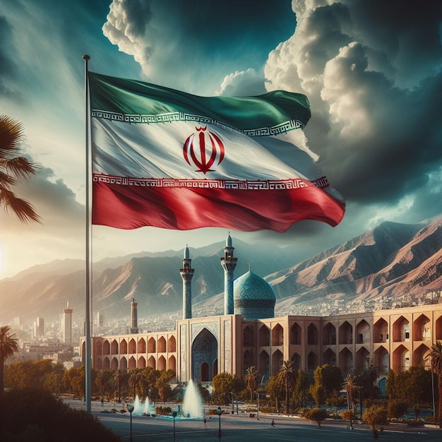 Флаг Ирана на ветру над горизонтом Тегерана