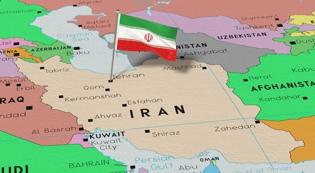테헤란 국기가 정치 지도에 붙여진 3D 일러스트레이션