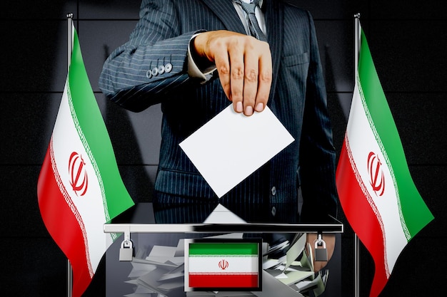 Iran vlaggen hand laten vallen stemkaart verkiezing concept 3D illustratie