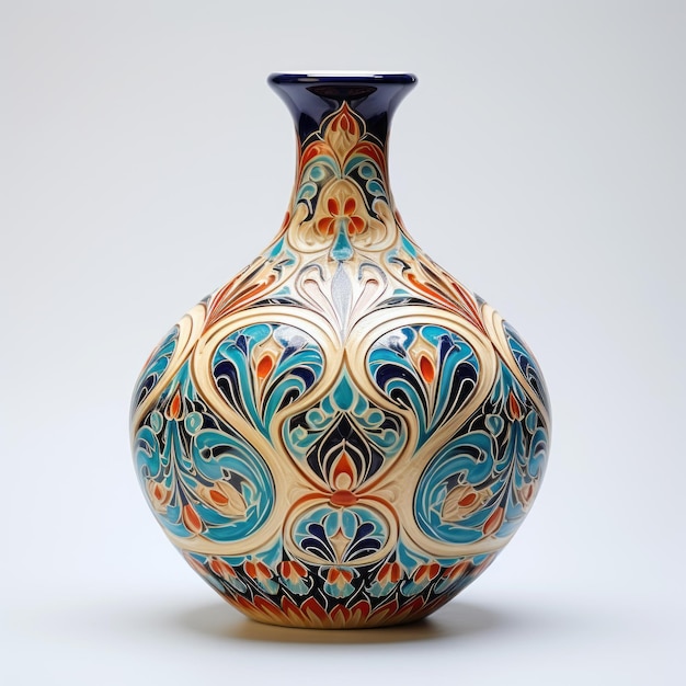 Foto vaso di ceramica d'arte iraniana con ornamento blu e arancione