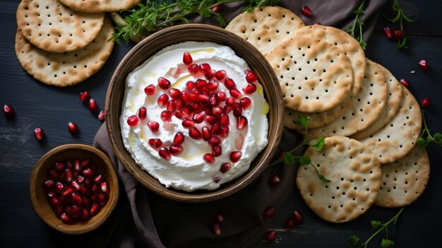 iranian labneh with taftan bread and pomegranate top view