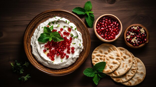 iranian labneh with taftan bread and pomegranate top view