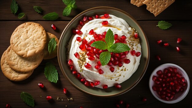 Photo iranian labneh with taftan bread and pomegranate top view