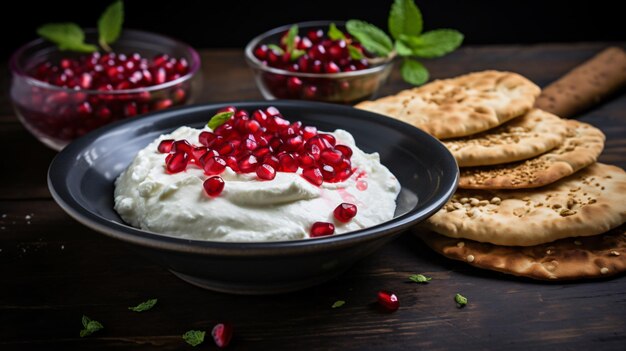 Photo iranian labneh with taftan bread and pomegranate