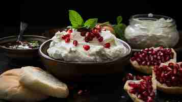 Photo iranian labneh with taftan bread and pomegranate