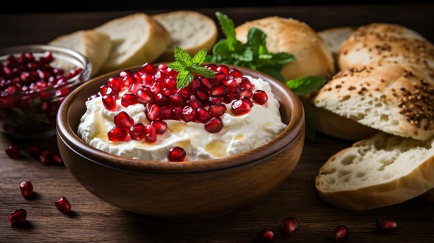 Iranian labneh with taftan bread and pomegranate