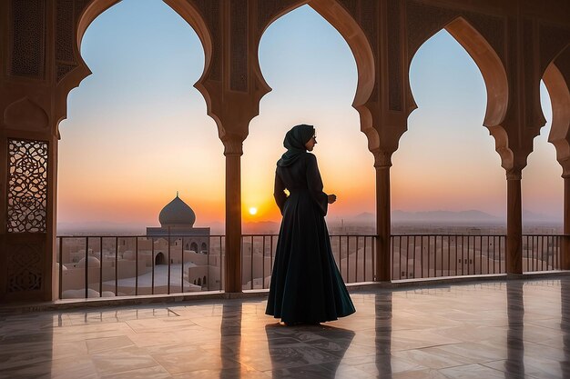 Foto silhouette di donna iraniana in abito tradizionale contro l'architettura kashan