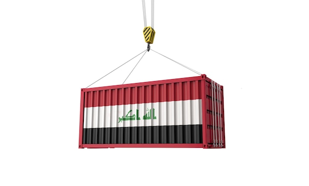 크레인 d 렌더에 매달린 이라크 국기 화물 무역 컨테이너