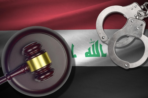어두운 방에 판사 망치와 수갑이 있는 이라크 국기 판단 주제에 대한 범죄 및 처벌 배경 개념