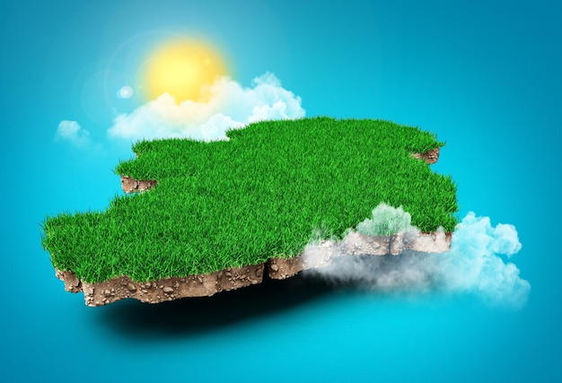 Ireland Map Realistic 3D Map of 000 Clouds Tree sun rays on bright blue Sky 3d illustration