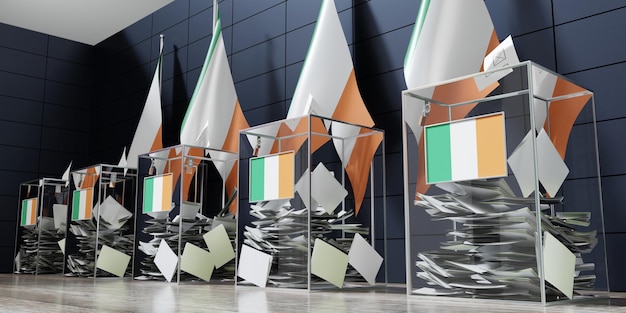 Ireland several ballot boxes and flags voting election concept 3D illustration