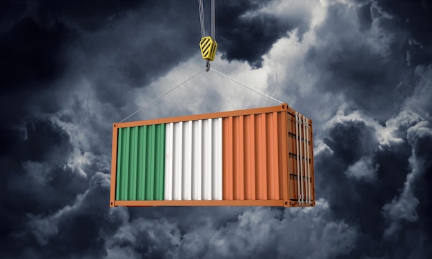 暗い雲にぶら下がっているアイルランドの貿易貨物コンテナdレンダリング