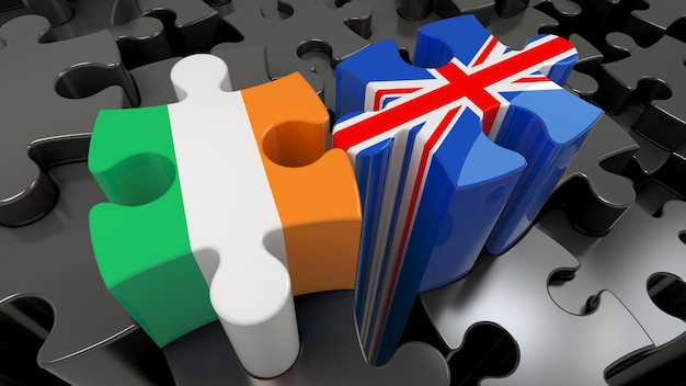 Ireland and United Kingdom flags on puzzle pieces. Political relationship concept. 3D rendering