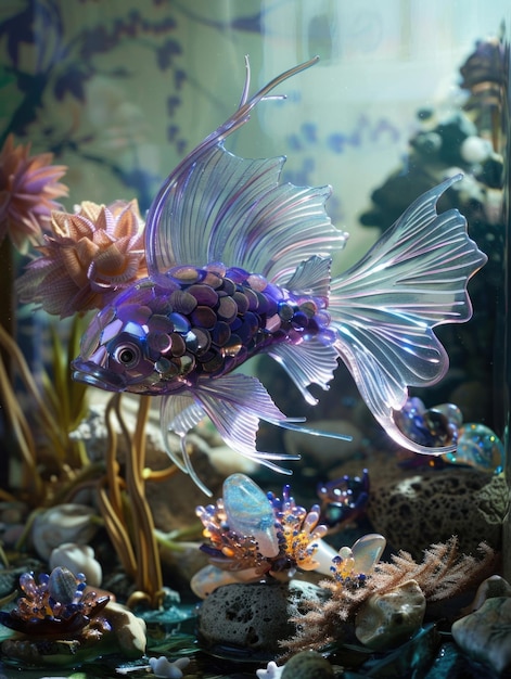 Iridescent Betta Fish Swimming in Enchanting Aquarium Setting