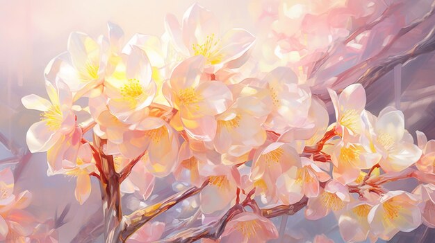 Iridescent Blossom Crystal Sakura in Soft Pastel Yellow Light