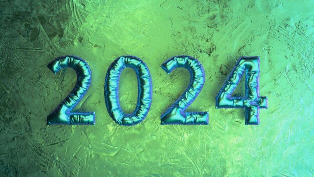 Photo iridescent blue balloon figures on a textured green background embodying a futuristic new year theme