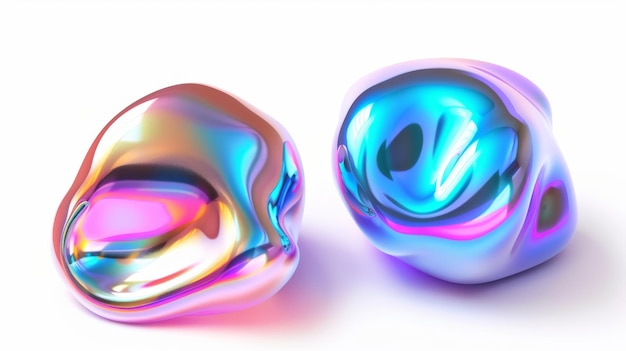 白い背景に隔離された虹色のクロム流体泡セット 虹のグラディエント効果を持つ抽象的なホログラフィック金属の塊のレンダリング 3D の近代的な幾何学的イラスト
