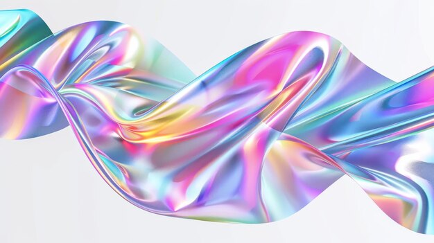 Iridescent chrome fluid silk fabric isolated on light background Cartoon rendering of neon metal ribbon in motion with rainbow gradient 3D modern geometric design