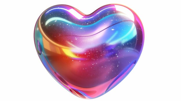 Photo iridescent chrome heart icon with rainbow gradient effect 3d modern illustration of y2k galaxy planet with stars