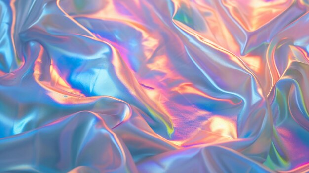 Iridescent Crinkled Fabric with smooth waves Soft pastel pink gold blue background AI Generated