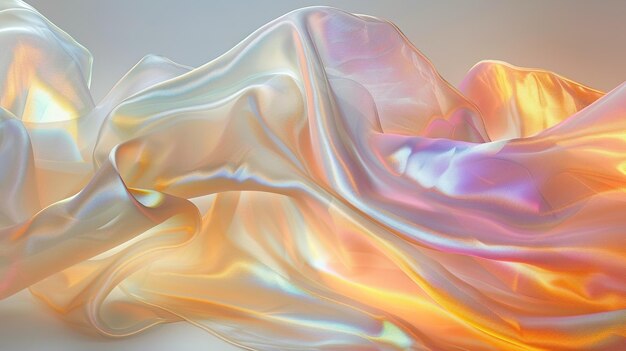 An iridescent fabric flowing in breeze capturing changing colors and shimmering effect against minimalist background