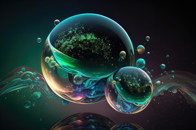 Iridescent fluid spheres in hues of blue and green on black background