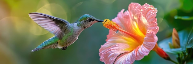 Iridescent Green Hummingbird Dipping Beak into Bloom with Blurred Wings