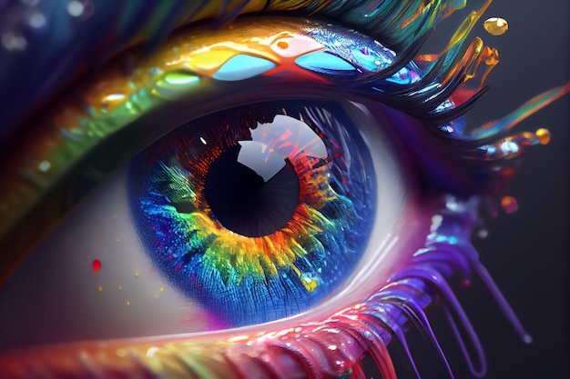 Iridescent human eye closeup on a black background Pride concept