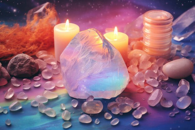 Iridescent kristal met kaarsen