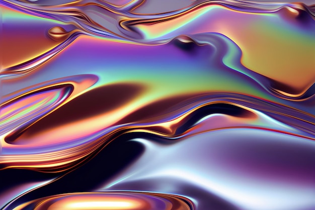 Iridescent liquid metal surface with ripples 3d illustration Abstract fluorescent fluid background