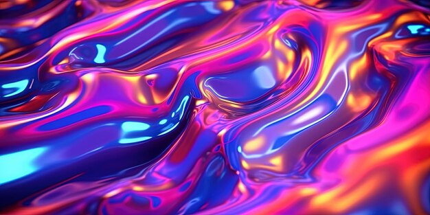 Photo iridescent liquid metal surface with ripples abstract fluorescent background fluid neon leak backdrop ultraviolet viscous