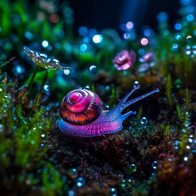 요정 숲의 무지개 빛깔의 달팽이 반짝이는 껍질 AI 생성의 클로즈업