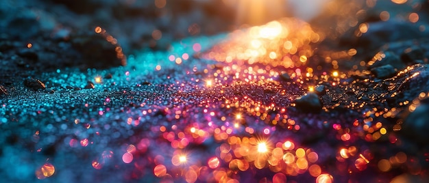 Photo iridescent surface with a sparkling glow in neon pink blue and gold