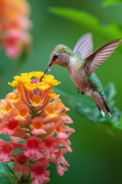 Iridescente groene kolibrie die zijn snavel in bloei doet met vervaagde vleugels