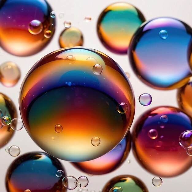 Photo iridiscent vibrant rainbow bubbles on white background