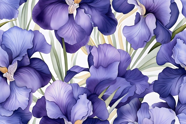 Iris bloemen tegelbare waterverf met de hand getekend naadloos patroon gemaakt met Generative AI