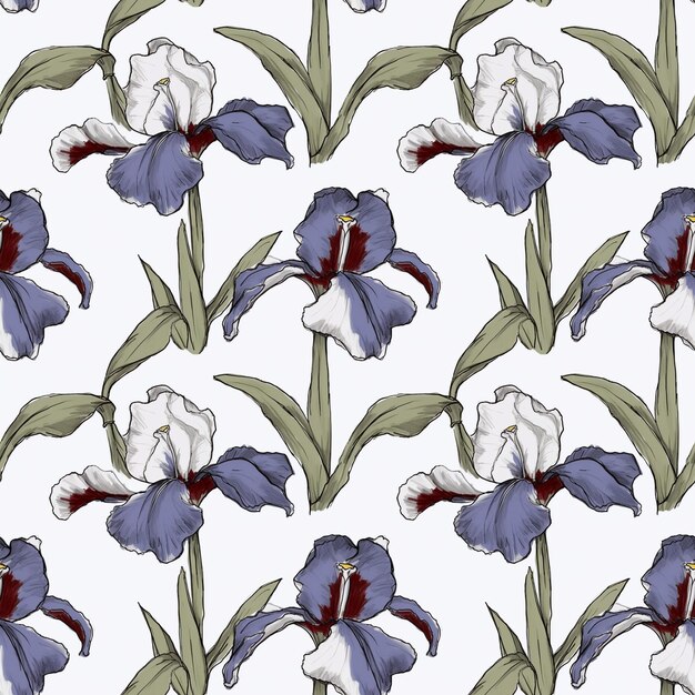 Iris Flower Floral Seamless Pattern on White Background