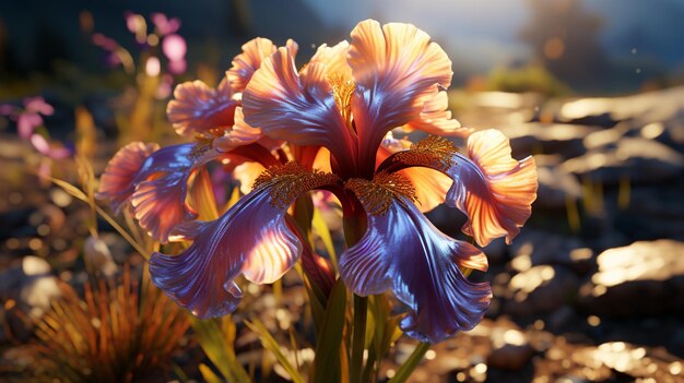 Photo iris flower sunset or sunrise sky idyllic on golden hours