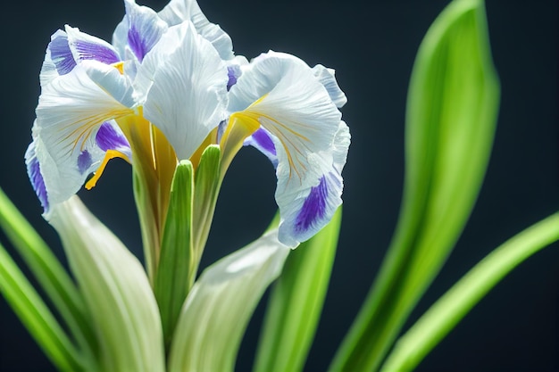 写真 黒い背景に花びらの茎と芽を持つアイリスの花